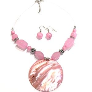 Pink Round Shell Necklace Earrings Set